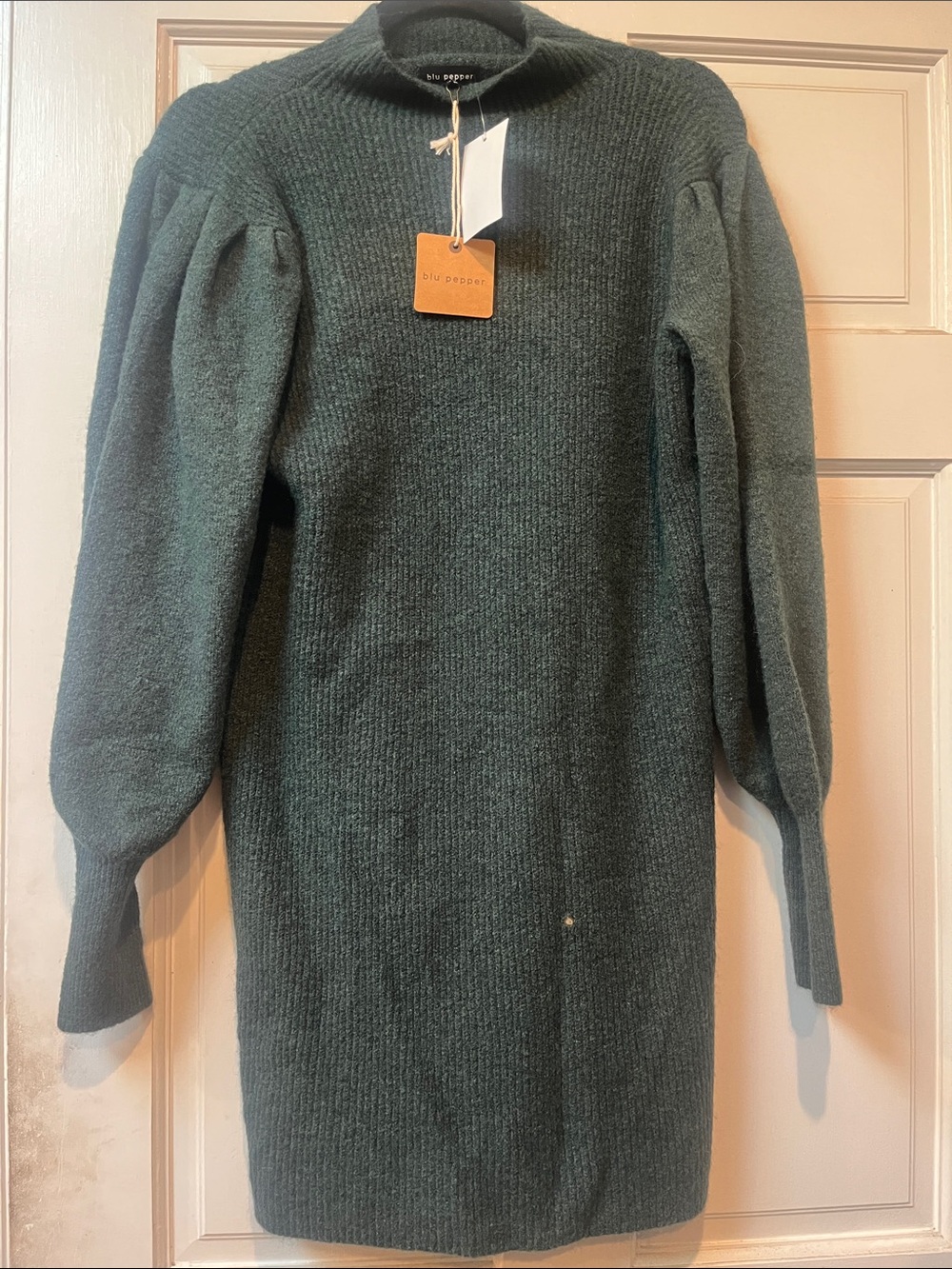Blu Pepper Dark Green Puff Sleeve Knit Sweater Dress